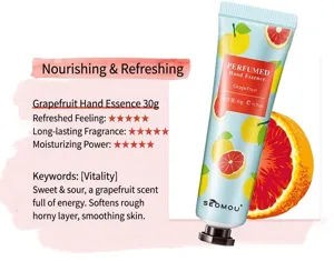 Grapefruit hand essence details showing texture ratings and moisturizing benefits.