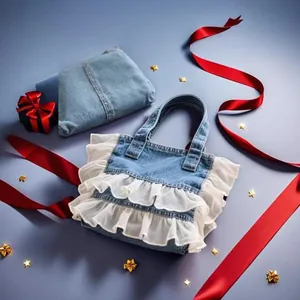 Detailed view of a stylish washed denim tote bag featuring elegant double-layer white ruffle trim