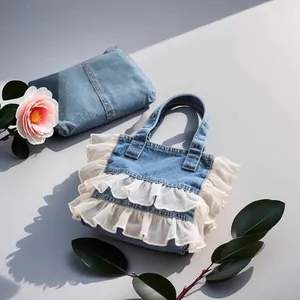 Detailed view of fashionable denim handbag featuring double-layered white chiffon ruffle accents.