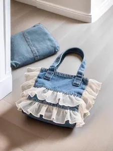 Women Washed Denim Tote Bag With Double Layer Organza Ruffle Trim Casual Commuter Shoulder Handbag Blue Fashion Bag