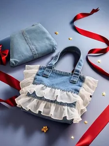 Stylish blue denim tote bag featuring elegant double-layer white ruffle trim and handles