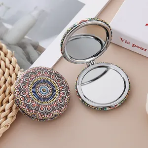 Vintage mandala pattern round folding compact mirror with glitter finish double-sided