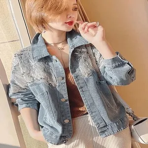 Stylish loose-fit denim jacket with heavy sequin and rhinestone tassels for women