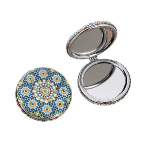 Vintage mandala pattern folding compact mirror with glitter finish and dual mirrors