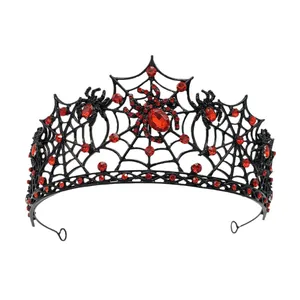 Elegante Gothic Halloween tiara zwart spinnenweb met rode strass steentjes party kroon