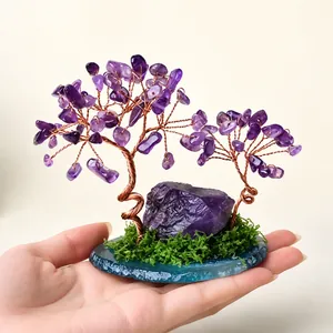 Árbol de la Fortuna de Cristal Natural Adorno Base de Rebanada de Ágata Alambre de Cobre Hecho a Mano Piedra Curativa Decoración de Escritorio