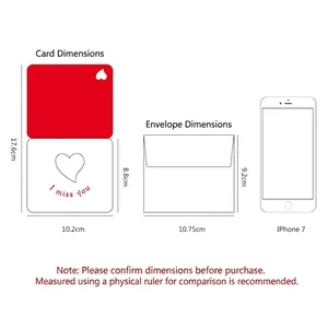 Detailed dimensions of heart greeting card and envelope with iPhone 7 for scale reference