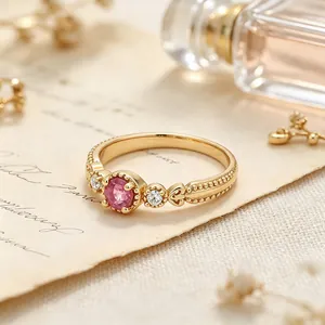 Vintage S925 sterling silver gold-plated ring with natural pink tourmaline gemstone