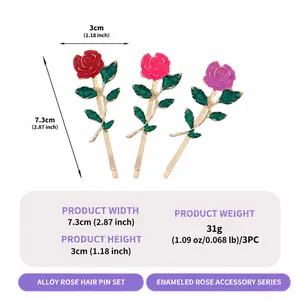 Detail view showing dimensions and weight of 3-piece enameled rose hair pin set