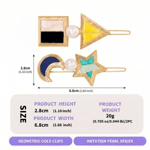 Detailed size and weight specifications for geometric enamel pearl hair clips