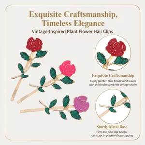 Detailed view of vintage enamel rose hair clips with gold-tone alloy base and green leaves