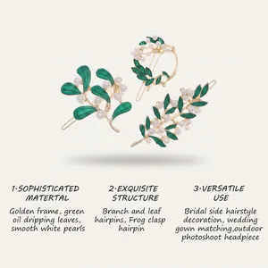 Close-up of elegant gold hairpins with green enamel leaves and white pearls for bridal wear