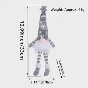 Detail view showing dimensions of a grey snowflake knit Christmas gnome with lights