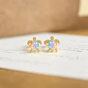 925 Sterling Silver Synthetic Opal Turtle Stud Earrings For Women Ocean Animal Style Gold Plated Fashion Jewelry Gift