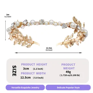 Detail of golden leaf bridal headband with pearls and crystals showing product dimensions.