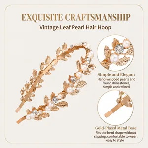 Close-up view of vintage gold leaf headband with delicate pearls and rhinestones