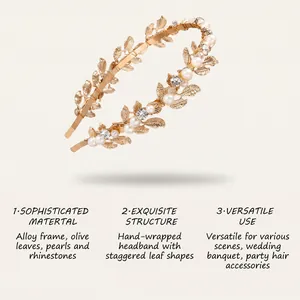 Detailed view of a golden leaf headband with pearls and rhinestones for bridal hair.