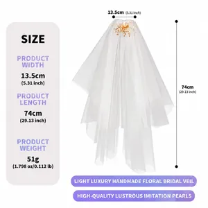 Handmade floral bridal veil size specs: 13.5cm width, 74cm length, with pearls