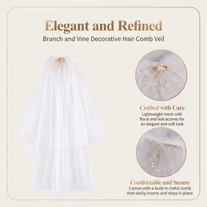 Detailed view of bridal veil with pearl flower decor and metal hair comb attachment.