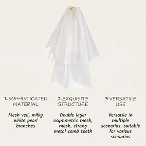 Detailed view of the double-layer mesh bridal veil with pearl flower hair comb