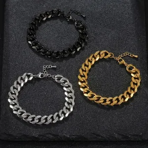 Set of three stainless steel Cuban link bracelets in gold, silver, and black finishes.