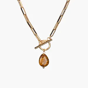 Detailed view of waterproof stainless steel necklace with a tiger eye stone pendant