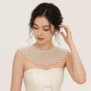 Elegant handmade mesh pearl collar necklace for wedding and banquet gowns