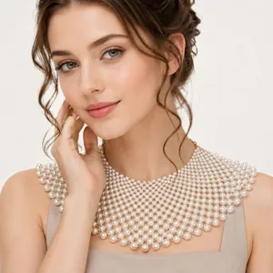 Elegant handmade multi-row mesh pearl bib necklace, ideal for wedding and banquet dress