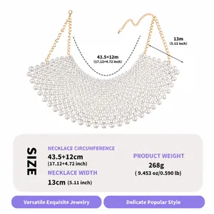 Detailed size specifications for handmade mesh pearl bib necklace with weight measurements.