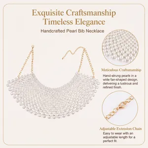 Detail view of handmade mesh pearl collar necklace with adjustable gold-tone chain