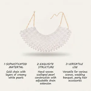 Detail view of exquisite hand-woven scalloped pearl chest chain for wedding and banquet.