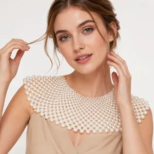 Elegant handcrafted mesh pearl collar necklace for wedding dress and banquet outfits