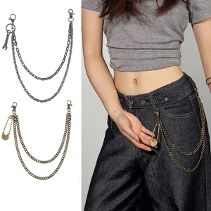 Vintage Punk Double Layer Metal Pants Chain For Women Streetwear Hip Hop Waist Chain With Wrench Safety Pin Pendant Accessory