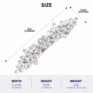 Detailed size and weight chart for the sparkling crystal floral hair clip with 9cm length