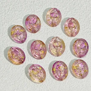 Detailed view of 18x15mm oval purple glass rose beads with gold foil for DIY jewelry making