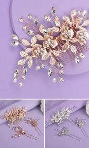 Detailed view of vintage bridal hair accessories with rhinestones and metal leaves in rose gold.