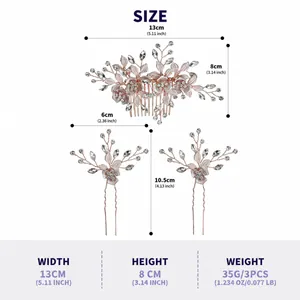 Detailed dimensions showing width, height and weight of the bridal rhinestone hair pin set