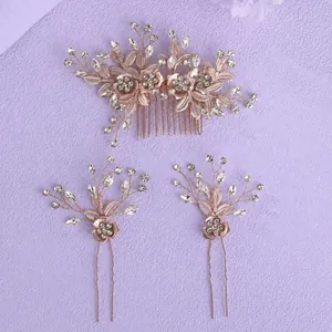 Vintage rose gold bridal hair accessory set with rhinestones and floral leaf designs