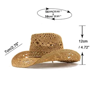 Detail view of a woven straw cowboy hat with dimensions: 12cm height and 7cm brim.