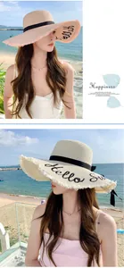 Two close-up views of fashionable straw sun hats with embroidered letters on a beach background.