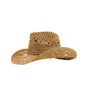 Handmade breathable hollow-out straw cowboy hat with a stylish curled brim design for summer