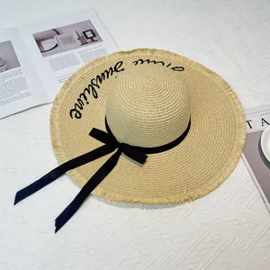 Women Summer Large Brim Straw Sun Hat With Hello Sunshine Embroidery And Bowknot Decoration For Beach Vacation Travel Hat