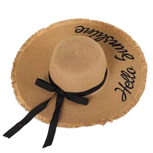 Fashionable wide brim straw sun hat for women featuring Hello Sunshine embroidery