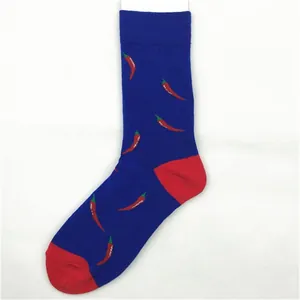 Trendy blue cotton crew socks with vibrant red chili pepper pattern and red heel detail