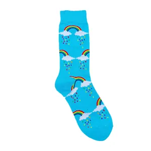 Vibrant light blue crew socks featuring a colorful rainbow and cloud jacquard pattern.