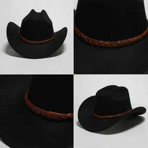 Dettagli del cappello da cowboy nero in feltro con una fascia intrecciata marrone