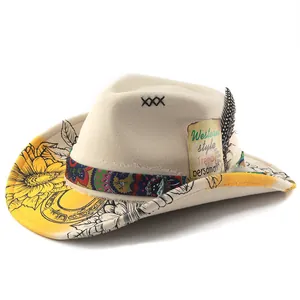 Side view of a stylish wool felt fedora hat with unique floral patterns and feathers