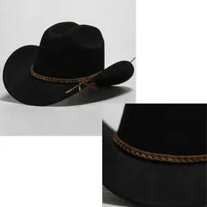 Primo piano dettagliato del cinturino in pelle intrecciata marrone su un elegante cappello da cowboy