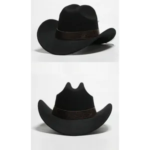 Cappello da cowboy nero in finta lana con fascia goffrata, viste di dettaglio frontale e laterale