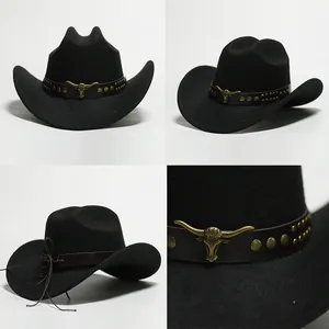Dettagli in quattro viste di un cappello da cowboy in feltro nero con emblema di toro.